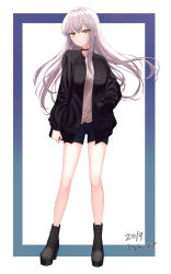 Rule 34 | 1girl, absurdres, bang dream!, black choker, black footwear, black jacket, blue border, blue shorts, boots, border, choker, clenched hand, dated, dong hawn, full body, grey hair, hand in pocket, high heel boots, high heels, highres, jacket, long hair, long sleeves, looking at viewer, minato yukina, shirt, short shorts, shorts, smile, solo, standing, white background, white shirt, yellow eyes