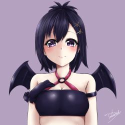 Rule 34 | 10s, 1girl, 2017, arm at side, armband, artist name, bad id, bad pixiv id, black gloves, black hair, blush, breast suppress, breasts, christmas, cleavage, closed mouth, criss-cross halter, dated, demon girl, demon wings, frilled gloves, frills, gabriel dropout, gloves, hair ornament, hairclip, hal nakura, hallelujah essaim, halterneck, halterneck, head tilt, highres, looking at viewer, medium breasts, o-ring, o-ring top, purple background, purple eyes, signature, simple background, smile, solo, upper body, vignette tsukinose april, wings
