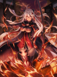 Rule 34 | 1girl, ahoge, breasts, center opening, cleavage cutout, clothing cutout, dark-skinned female, dark skin, fate/grand order, fate (series), fire, hair ornament, highres, large breasts, long hair, okita souji (fate), okita souji alter (fate), ootachi, re (re 09), sheath, solo, thighhighs, very long hair, white hair