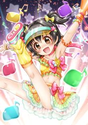 Rule 34 | 1girl, :d, akagi miria, armpits, arms up, bare shoulders, beamed eighth notes, black hair, blue footwear, blush, bow, bracelet, brown eyes, collarbone, commentary request, crop top, eighth note, feet out of frame, hair between eyes, hair bow, hair ornament, highres, holding, idolmaster, idolmaster cinderella girls, idolmaster poplinks, jewelry, leg up, loose socks, megaphone, musical note, navel, open mouth, outstretched arms, pleated skirt, print shirt, print skirt, regular mow, see-through, shirt, shoe soles, skirt, smile, socks, solo, star (symbol), star hair ornament, star print, striped legwear, two side up, vertical-striped legwear, visor cap, yellow legwear, yellow shirt, yellow skirt