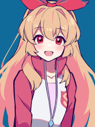 Rule 34 | 1girl, absurdres, aikatsu! (series), blonde hair, blue background, blush, bow, collarbone, commentary request, hair bow, highres, hoshimiya ichigo, jacket, long hair, long sleeves, looking at viewer, open mouth, partially unzipped, pink shirt, red bow, red eyes, red jacket, shirt, simple background, smile, solo, track jacket, uhouhogorigori, upper body, white jacket, zipper pull tab