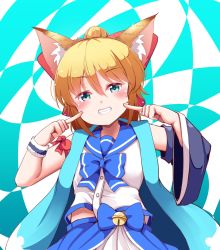 Rule 34 | 1girl, animal ear fluff, animal ears, aqua eyes, asymmetrical clothes, bell, blonde hair, borrowed character, bow, commentary request, fox ears, fox girl, grin, hair bow, highres, jingle bell, original, pointing, pointing at self, sailor collar, smile, solo, suzune kou, upper body