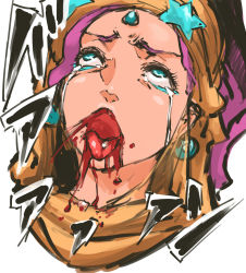 Rule 34 | 1girl, ahegao, aqua eyes, blood, blood from mouth, crying, crying with eyes open, defeat, eyelashes, forehead jewel, highres, jojo no kimyou na bouken, long hair, midler, nameo (judgemasterkou), open mouth, pain, parody, piercing, pink hair, ponytail, portrait, rolling eyes, ryona, solo, spoilers, tears, teeth, tongue, tongue out, tongue piercing
