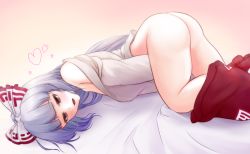 Rule 34 | 1girl, bare shoulders, blush, bow, breasts, female masturbation, fujiwara no mokou, long hair, long sleeves, lying, masturbation, medium breasts, multicolored bow, open mouth, pants, pussy juice, red bow, red eyes, red pants, riria (liry a flower), shirt, silver hair, smile, solo, touhou, white bow, white shirt, yellow background