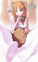 Rule 34 | 1girl, absurdres, blush, braid, feet, finger to mouth, foot focus, green eyes, hair ribbon, highres, long hair, looking at viewer, orange hair, pantyhose, ribbon, smile, soles, solo, spread legs, toes, yao (pixiv9482697)