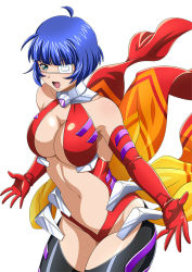 Rule 34 | 1girl, blue hair, breasts, cleavage, cosplay, elbow gloves, eyepatch, gloves, green eyes, ikkitousen, large breasts, mole, mole under eye, mole under mouth, navel, open mouth, red gloves, ryomou shimei, short hair, simple background, solo, white background, yuzuriha inori, yuzuriha inori (cosplay)