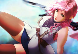 Rule 34 | 1girl, blue skirt, breasts, brown thighhighs, esther shen, final fantasy, final fantasy xiii, green eyes, hair over shoulder, jewelry, large breasts, lightning farron, long hair, looking at viewer, miniskirt, necklace, pencil skirt, pink hair, signature, sitting, skirt, solo, thighhighs, zettai ryouiki