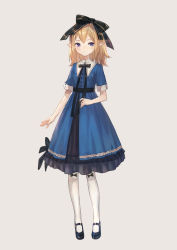 Rule 34 | 1girl, arm at side, black bow, black footwear, black ribbon, blonde hair, blue dress, blue eyes, blush, bow, closed mouth, commentary request, dress, elf, frilled dress, frills, full body, grey background, hair bow, highres, kobuta, large bow, layered dress, looking at viewer, mary janes, medium hair, neck ribbon, original, pantyhose, pointy ears, ribbon, sash, shoes, short sleeves, simple background, solo, standing, white pantyhose