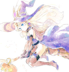 Rule 34 | 1girl, blonde hair, blue eyes, breasts, broom, broom riding, cleavage, dress, earrings, elbow gloves, esper (saga 2), full body, gloves, halloween, halloween costume, hat, high heels, jack-o&#039;-lantern, jewelry, leotard, long hair, looking at viewer, medium breasts, no s, open mouth, pointy ears, pumpkin, saga, saga 2, smile, solo, thighhighs, witch, witch hat