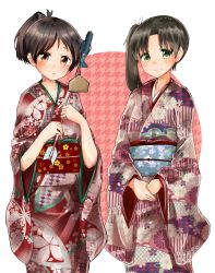Rule 34 | 10s, 2girls, :o, absurdres, arrow (projectile), ayanami (kancolle), brown eyes, brown hair, ema, floral print, hamaya, hands on own stomach, highres, japanese clothes, kantai collection, kazu (really in hot water now), kimono, long hair, looking at viewer, multiple girls, open mouth, ponytail, sash, shikinami (kancolle), short hair, side ponytail, simple background, smile, standing
