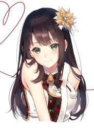 Rule 34 | 1girl, bare arms, bell, bow, bowtie, brown hair, closed mouth, cropped arms, cropped torso, dress shirt, earrings, flower, green eyes, hair flower, hair ornament, highres, idolmaster, idolmaster cinderella girls, jewelry, jingle bell, long hair, looking at viewer, nozawa noko, plaid, plaid bow, plaid bowtie, shibuya rin, shirt, simple background, smile, solo, straight hair, white background, white shirt, yellow flower