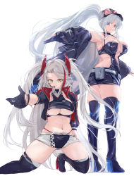 Rule 34 | 2girls, antenna hair, armpits, ass, azur lane, back cutout, belt, boots, breasts, clothing cutout, cropped shirt, dress, earpiece, enterprise (azur lane), enterprise (wind catcher) (azur lane), eyewear on headwear, fingerless gloves, gloves, hair through headwear, half gloves, halter dress, halterneck, hat, highres, jacket, large breasts, long hair, looking at viewer, mole, multicolored hair, multiple girls, official alternate costume, orange-tinted eyewear, panties, panty straps, peaked cap, ponytail, prinz eugen (azur lane), prinz eugen (final lap) (azur lane), purple eyes, purple jacket, race queen, red hair, red panties, shika (shika0), single fingerless glove, sleeveless, streaked hair, sunglasses, thigh boots, tinted eyewear, two-tone skirt, two side up, underboob, underboob cutout, underwear, very long hair, white belt, white hair