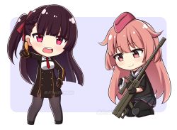 Rule 34 | 2girls, anti-materiel rifle, black dress, black footwear, black gloves, black legwear, black shirt, black skirt, blue background, braid, breasts, brown eyes, brown hair, chibi, closed mouth, collared shirt, commission, denel land systems, dress, girls&#039; frontline, gloves, gun, hair ribbon, hand on own hip, holding, holding gun, holding weapon, long sleeves, looking at viewer, multiple girls, name connection, necktie, ntw-20, ntw-20 (girls&#039; frontline), object namesake, one side up, open mouth, pantyhose, pink hair, pleated skirt, pointing, pointing at viewer, red eyes, red neckwear, red ribbon, ribbon, rifle, rynzfrancis, sailor collar, shirt, short necktie, short sleeves, skirt, small breasts, smile, sniper rifle, two-tone background, wa2000 (girls&#039; frontline), weapon, white background, white sailor collar, white shirt