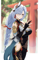 Rule 34 | 1girl, absurdres, bad id, bad pixiv id, blue hair, blurry, blurry background, bodysuit, border, braid, breast curtain, breasts, bridal gauntlets, chinese clothes, closed mouth, cowboy shot, detached sleeves, earrings, eyes visible through hair, fingers together, from side, genshin impact, gold trim, hair ornament, hair over one eye, hands up, highres, hip vent, jewelry, large breasts, light blue hair, long hair, looking at viewer, low-braided long hair, low-tied long hair, outdoors, own hands together, renge (730), shenhe (genshin impact), silver hair, single earring, smile, solo, tassel, tassel earrings, torii, tree, white border