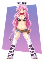 Rule 34 | 10s, 1girl, absurdres, animal ears, animal print, aposine, blush, breasts, chaps, cleavage, cow print, earrings, etotama, highres, jewelry, long hair, looking at viewer, moo-tan, navel, pink eyes, pink hair, pointy ears, short shorts, shorts, smile, solo, standing, tail