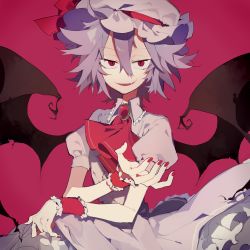 Rule 34 | 1girl, ascot, bad id, bad pixiv id, bat wings, brooch, fang, hair between eyes, hat, hat ribbon, higa423, highres, jewelry, looking at viewer, mob cap, nail polish, puffy short sleeves, puffy sleeves, purple hair, red background, red eyes, red nails, remilia scarlet, ribbon, sanpaku, short hair, short sleeves, simple background, skirt hold, slit pupils, smile, smirk, solo, touhou, wings, wrist cuffs
