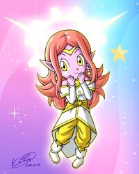 Rule 34 | 1girl, 2018, bare shoulders, boots, breasts, chibi, chronoa, colored skin, dated, dragon ball, dragon ball heroes, dragon ball xenoverse, earrings, full body, jewelry, karoine, large breasts, long hair, pants, pink hair, pink skin, pointy ears, potara earrings, shirt, solo, sparkle, white footwear, white shirt, yellow eyes, yellow pants