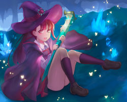 Rule 34 | 1girl, aile/koushi, brown eyes, brown footwear, brown hair, cape, floating hair, full body, hat, hat ribbon, holding, holding sheath, kagari atsuko, kneehighs, little witch academia, loafers, long hair, long sleeves, miniskirt, neck ribbon, open mouth, outdoors, pleated skirt, purple cape, purple hat, purple socks, red ribbon, red skirt, ribbon, sheath, shirt, shoes, sitting, skirt, socks, solo, white shirt, witch hat