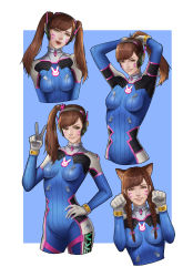 Rule 34 | 1girl, absurdres, acronym, alternate hairstyle, animal ears, animal print, arms up, blue bodysuit, bodysuit, border, bow, braid, breasts, brown eyes, brown hair, clothes writing, cowboy shot, d.va (overwatch), facepaint, facial mark, hair bow, hair ornament, hand on own hip, hands in hair, head tilt, headphones, high collar, highres, kemonomimi mode, kv-- (310255704), lips, long hair, looking at viewer, medium breasts, nose, overwatch, overwatch 1, parted lips, paw pose, pilot suit, pink bow, pink lips, rabbit hair ornament, rabbit print, ribbed bodysuit, shoulder pads, side ponytail, simple background, skin tight, smile, solo, swept bangs, twin braids, tying hair, v, whisker markings, white border