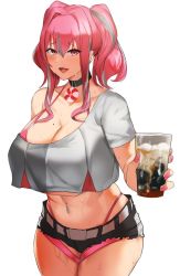 Rule 34 | 1girl, aji (sakanaaj1), azur lane, bare shoulders, belt, bikini, breasts, bremerton (azur lane), cleavage, coffee, commentary request, crop top, crop top overhang, cup, drinking glass, ear piercing, glass, grey belt, hair between eyes, highres, holding, holding cup, ice, ice cube, iced coffee, large breasts, long hair, midriff, mole, mole on breast, multicolored hair, nail polish, navel piercing, open mouth, piercing, pink bikini, pink eyes, pink nails, short shorts, shorts, sidelocks, standing, streaked hair, sweat, swimsuit, thighs, twintails