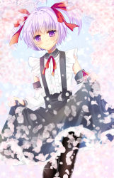 Rule 34 | 1girl, bad id, bad pixiv id, black pantyhose, black skirt, blurry, blurry background, blush, bow, center frills, closed mouth, collared shirt, commentary, depth of field, detached sleeves, english commentary, fingernails, flower, frills, funakoshi, hair between eyes, hair bow, highres, leaning to the side, long sleeves, myu (quiz magic academy), pantyhose, pink flower, purple eyes, purple hair, quiz magic academy, red bow, shirt, short hair, skirt, skirt hold, sleeveless, sleeveless shirt, smile, snowflakes, solo, suspender skirt, suspenders, two side up, white shirt, white sleeves