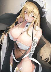 Rule 34 | 1girl, azur lane, bare shoulders, between breasts, black gloves, blonde hair, breast cutout, breasts, cleavage, covered navel, cowboy shot, fake horns, from above, gloves, habit, hair between eyes, half gloves, highres, horns, huge breasts, implacable (azur lane), long bangs, long hair, looking at viewer, no panties, nori aji, nun, pelvic curtain, red eyes, revealing clothes, see-through, solo, standing, thighhighs, two-tone dress, veil, very long hair, white horns, white thighhighs