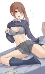 Rule 34 | 1girl, :d, banknote, bed, black socks, black sweater, bow, bow bra, bra, breasts, brown hair, clothes lift, collared shirt, commentary request, dress shirt, flying sweatdrops, grey bra, grey eyes, grey skirt, hair between eyes, kopaka (karda nui), long hair, long sleeves, looking at viewer, medium breasts, money, navel, no shoes, on bed, open mouth, original, pleated skirt, puffy long sleeves, puffy sleeves, ribbed legwear, ribbed socks, shirt, shirt lift, side ponytail, simple background, sitting, skirt, sleeves past wrists, smile, socks, solo, sweat, sweater, sweater lift, underwear, white background, white shirt