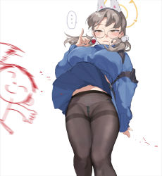 Rule 34 | ..., 1girl, armband, belt, black belt, black pantyhose, blue archive, blue sweater, blush, breasts, brown hair, candy, clothes lift, crop top, cropped sweater, doodle sensei (blue archive), food, glasses, highres, holding, large breasts, lollipop, long hair, long sleeves, low twintails, maqin, moe (blue archive), motion blur, open mouth, panties, pantyhose, pleated skirt, sensei (blue archive), simple background, skirt, skirt flip, skirt lift, solo, sweater, thighband pantyhose, twintails, underwear, white background, yellow eyes