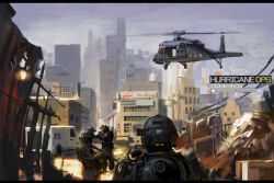Rule 34 | 3others, absurdres, aircraft, billboard, black soldier, city, exoskeleton, from behind, gun, helicopter, helmet, highres, holding, holding gun, holding weapon, impasto, military, military vehicle, motor vehicle, multiple others, night vision device, oil painting (medium), original, painting (medium), scenery, traditional media, uh-60 blackhawk, watermark, weapon