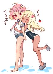 Rule 34 | 10s, 2girls, :d, ^ ^, ahoge, blonde hair, closed eyes, hair ornament, hug, hug from behind, i-58 (kancolle), kantai collection, kobone, long hair, multiple girls, open mouth, pink eyes, pink hair, pout, ro-500 (kancolle), school swimsuit, school uniform, serafuku, short hair, simple background, smile, swimsuit, swimsuit under clothes, tan, tanline, translation request