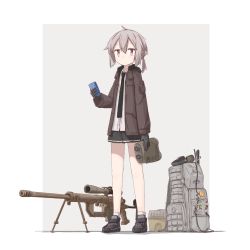 Rule 34 | 1girl, american flag, backpack, bag, binoculars, bipod, black gloves, black necktie, black skirt, blouse, bolt action, border, brown jacket, cheytac m200, closed mouth, collared shirt, container, crossed bangs, dress shirt, full body, girls&#039; frontline, gloves, grey background, gun, hair between eyes, headset removed, highres, holding, hood, hood down, hooded jacket, jacket, long sleeves, looking at viewer, low ponytail, m200 (girls&#039; frontline), magazine (weapon), muzzle device, necktie, player193, pleated skirt, purple eyes, rifle, scope, shirt, shoes, sidelocks, skirt, sneakers, sniper rifle, socks, solo, standing, tie clip, weapon, white border, white shirt, white socks, x x