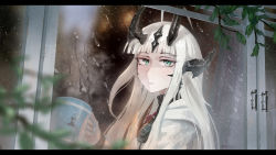 Rule 34 | 1girl, arknights, blunt bangs, blurry, blurry foreground, blush, closed mouth, cup, depth of field, from outside, gino (gino h), green eyes, highres, holding, holding cup, horns, letterboxed, long hair, looking at viewer, multiple horns, parted lips, rain, reed (arknights), slit pupils, solo, upper body, white hair, window