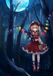 Rule 34 | 1girl, alternate costume, ankle lace-up, bare tree, basket, blonde hair, bow, bowtie, capelet, cross-laced footwear, dress, female focus, flandre scarlet, forest, full moon, grimm&#039;s fairy tales, hood, leg ribbon, little red riding hood, little red riding hood (grimm), moon, nataku39, nature, night, parody, picnic basket, red eyes, ribbon, short hair, side ponytail, solo, stuffed animal, stuffed rabbit, stuffed toy, embodiment of scarlet devil, touhou, tree, wings