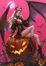 1girl bat_(animal) black_footwear blonde_hair breasts candy cleavage demon_girl demon_horns demon_tail demon_wings detached_sleeves food full_body halloween high_heels highres holding holding_candy holding_food holding_lollipop horns large_wings lollipop long_hair looking_at_viewer medium_breasts moon original pink_background platform_footwear platform_heels pumpkin sitting solo tail wings yu_cheng_hong