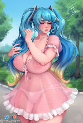 Rule 34 | 1girl, artist name, ave poppea, blue eyes, blue hair, blush, breasts, cleavage, curvy, dress, embarrassed, highres, huge breasts, league of legends, long hair, looking to the side, navel, nipples, outdoors, panties, park, patreon logo, patreon username, playing with own hair, plump, ponytail, see-through, see-through dress, solo, sona (league of legends), standing, thick lips, thick thighs, thighs, tree, twitter logo, twitter username, underwear, watermark, web address, white panties, wide hips