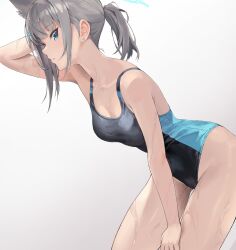 Rule 34 | 1girl, absurdres, animal ear fluff, animal ears, black one-piece swimsuit, blue archive, blue eyes, breasts, competition swimsuit, covered navel, cowboy shot, cross hair ornament, extra ears, gradient background, grey hair, hair ornament, halo, highres, leaning forward, lilithmy, low ponytail, medium breasts, medium hair, mismatched pupils, multicolored clothes, multicolored swimsuit, official alternate costume, one-piece swimsuit, shiroko (blue archive), shiroko (swimsuit) (blue archive), solo, swimsuit, wolf ears