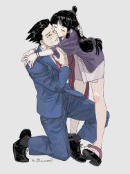 Rule 34 | 1boy, 1girl, ace attorney, black footwear, black hair, blue suit, blunt bangs, closed mouth, forehead, formal, full body, hetero, highres, hug, japanese clothes, kimono, kiss, kissing cheek, leaning forward, long hair, low-tied long hair, maya fey, omen hohoho, on one knee, own hands together, phoenix wright, purple kimono, sandals, simple background, suit, sweatdrop, toes, zouri