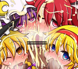 Rule 34 | 1boy, 4girls, alice margatroid, bar censor, blonde hair, blue eyes, blush, censored, cooperative fellatio, cum, ejaculation, facial, fang, fellatio, hairband, hat, head wings, heart, heart-shaped pupils, kirisame marisa, koakuma, looking at viewer, male pubic hair, mob cap, multiple girls, one eye closed, oral, patchouli knowledge, penis, pov, pubic hair, purple eyes, purple hair, red eyes, red hair, rindou (p41neko), stray pubic hair, symbol-shaped pupils, testicle sucking, testicles, touhou, veins, veiny penis, wings, witch hat, yellow eyes
