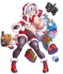 Rule 34 | 1girl, absurdres, aina winchester, bear, blue eyes, blush, box, breasts, christmas, eyepatch, gift, gift box, highres, large breasts, nipples, open mouth, pantyhose, potion (moudamepo), reindeer, santa costume, smile, taimanin (series), taimanin rpgx, thighband pantyhose, white hair