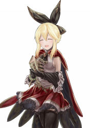 Rule 34 | 1girl, :d, ascot, black gloves, black ribbon, black thighhighs, blonde hair, book, bracelet, breasts, cape, clarice (idolmaster), clarisse (granblue fantasy), clarisse (granblue fantasy) (cosplay), closed eyes, cosplay, gloves, granblue fantasy, hair between eyes, hair ribbon, highres, holding, holding book, idolmaster, idolmaster cinderella girls, jewelry, long hair, medium breasts, miniskirt, name connection, open book, open mouth, red skirt, ribbon, sideboob, sidelocks, simple background, skirt, sleeveless, smile, solo, taiga~midnight, thighhighs, white background, zettai ryouiki