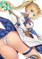 Rule 34 | 1girl, ass, blonde hair, blue eyes, bradamante (fate), bradamante (second ascension) (fate), braid, breasts, closed mouth, commentary request, cowboy shot, epaulettes, fate/grand order, fate (series), floating hair, from behind, gloves, hair ornament, head tilt, highres, holding, huge ass, jacket, light smile, long hair, looking at viewer, looking back, medium breasts, panties, short sleeves, shuutou haruka, sidelocks, simple background, solo, standing, standing on one leg, tailcoat, thigh strap, thighs, twintails, underwear, v-shaped eyebrows, wand, white background, white gloves, white jacket, white panties