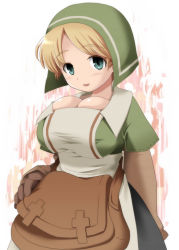 Rule 34 | 1girl, blonde hair, breasts, chemist (fft), cleavage, dress, female focus, final fantasy, final fantasy tactics, green eyes, headdress, large breasts, looking at viewer, lv43, short hair, solo