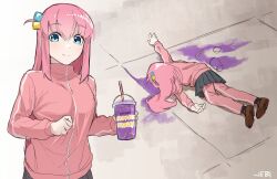 Rule 34 | 1girl, absurdres, blue eyes, bocchi the rock!, brown footwear, closed mouth, cube hair ornament, cup, disposable cup, drinking straw, gotoh hitori, grimace shake (meme), hair ornament, highres, holding, holding cup, jacket, jebi, long hair, looking at viewer, meme, milkshake, one side up, pants, pants under skirt, pink hair, pink jacket, pink pants, pink track suit, purple liquid, solo, spill, track jacket