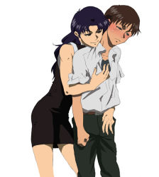 Rule 34 | 1boy, 1girl, age difference, artist request, bare arms, bare legs, bare shoulders, black dress, black eyes, black pants, blush, brown hair, closed mouth, collared shirt, couple, crotch grab, dress, embarrassed, half-closed eyes, hetero, hug, hug from behind, ikari shinji, katsuragi misato, leaning, leaning forward, long hair, looking at another, naughty face, neon genesis evangelion, older woman and younger man, pants, parted bangs, purple hair, school uniform, shirt, short dress, short hair, shy, sleeveless, sleeveless dress, smile, standing, sweatdrop, through clothes, white shirt