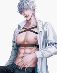 Rule 34 | 1boy, abs, black pants, blue eyes, chest harness, commentary, english commentary, gojou satoru, hand on own stomach, harness, highres, jujutsu kaisen, large pectorals, long sleeves, looking at viewer, male focus, mature male, muscular, muscular male, navel, nipples, open clothes, open mouth, open shirt, pants, pectorals, shirt, short hair, sitting, smile, solo, teeth, white background, white hair, white shirt, zhhy3324