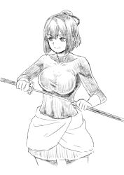 Rule 34 | 10s, 1girl, breasts, collarbone, cowboy shot, greyscale, ise (kancolle), kantai collection, large breasts, latex, long sleeves, monochrome, nathaniel pennel, ponytail, scabbard, sheath, short hair, simple background, skin tight, skirt, smile, solo, sword, unsheathing, upper body, weapon, white background