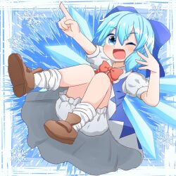 1girl ;d bloomers blue_bow blue_dress blue_eyes blue_hair blush bow bowtie brown_footwear cirno collared_shirt commentary_request coruthi dress full_body hair_between_eyes hair_bow highres ice ice_wings looking_at_viewer one_eye_closed open_mouth outstretched_arm pinafore_dress pointing puffy_short_sleeves puffy_sleeves red_bow red_bowtie shirt shoes short_hair short_sleeves sleeveless sleeveless_dress smile socks solo touhou underwear white_bloomers white_shirt white_socks wings