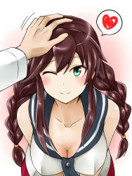 Rule 34 | 10s, 1boy, 1girl, admiral (kancolle), braid, breasts, brown hair, cleavage, gloves, green eyes, hand on another&#039;s head, head pat, heart, highres, kamelie, kantai collection, large breasts, long hair, military, military uniform, naval uniform, necktie, noshiro (kancolle), out of frame, headpat, pleated skirt, school uniform, serafuku, skirt, twin braids, uniform