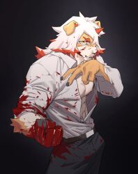 Rule 34 | 1boy, abs, animal ears, arknights, bara, blood, blood on clothes, blood on face, blood on hands, contrapposto, cowboy hat, dog ears, frown, furry, furry male, hat, highres, horns, hung (arknights), ju neng binggui, long hair, male focus, medium hair, multicolored hair, muscular, muscular male, nipples, orange eyes, orange hair, single horn, solo, streaked hair, two-tone fur, underpec, white fur, white hair