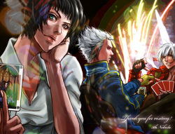 Rule 34 | 00s, 1girl, 2boys, aerial fireworks, bad id, bad pixiv id, black hair, brothers, capcom, card, chair, dante (devil may cry), devil may cry, devil may cry (series), devil may cry 3, fireworks, head rest, henyo, heterochromia, holding, holding card, jester (dmc3), joker (playing card), lady (devil may cry), multiple boys, playing card, poker, popped collar, siblings, vergil (devil may cry), white hair